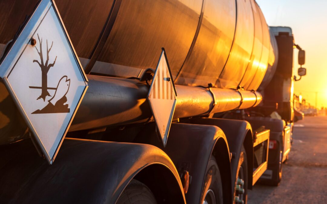 Contamination hazard labels on a tanker truck for the transport